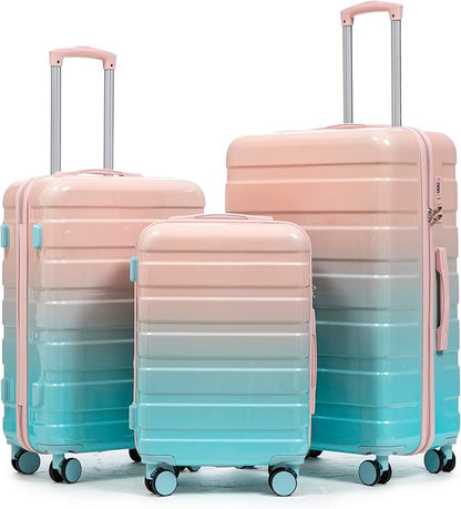 Campfun 3 Piece Luggage Sets, PC Gradient Color Suitcase Set with Double Spinner Wheels, Durable Carry On Luggage with Combination Lock, 20/24/28 inch, Pink+Blue