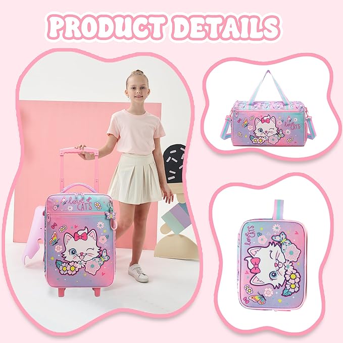 Kids Luggage Set with Wheels Girls Cute Cat Travel Softside Suitcases 16" Carry on Suitcase with Duffle Bag Girls Luggage Sets Airline Approved