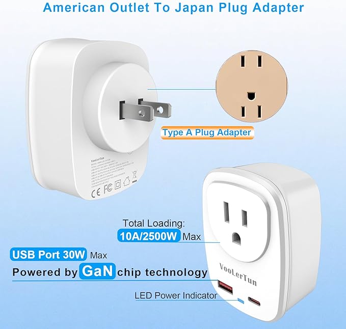 Type A Plug Adapter, VooLerTun Canada Japanese Travel Adapter with 30W Fast Charge Dual Ports (1 USB C) Compatible Cell Phone Camera, 1 American Outlet Adapter, US Converter for Japan Travel