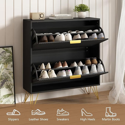 Shoe Storage Cabinet with 2 Flip Drawers, 31.5" W Fluted Shoe Cabinet for Entryway, Hidden Shoe Cabinet Storage, Narrow Free Standing Shoe Orgnaizer Rack Cabinet for Foyer Hallway, Black