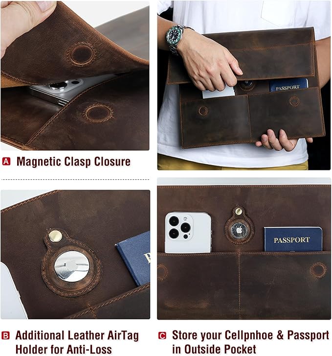 Top Grain Leather 14.2" Slim Laptop Sleeve Bag, Magnet Clasp Closure Design & 3 Pockets & AirTag Holder, Fully Handmade, Fits MacBook Pro/Air 14.2"/13.3"/Cellphone/Passport, Coffee 14.2 Inch