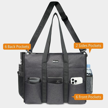 TOPDesign Utility Water Resistant Tote Bag with 22 Pockets, Top Zipper Closure & Thick Bottom Support, for Working Women