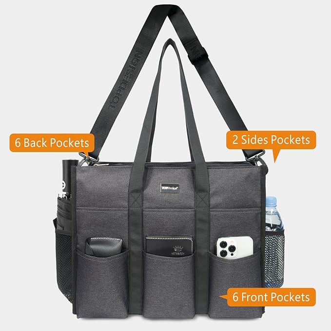 TOPDesign Utility Water Resistant Tote Bag with 22 Pockets, Top Zipper Closure & Thick Bottom Support, for Working Women