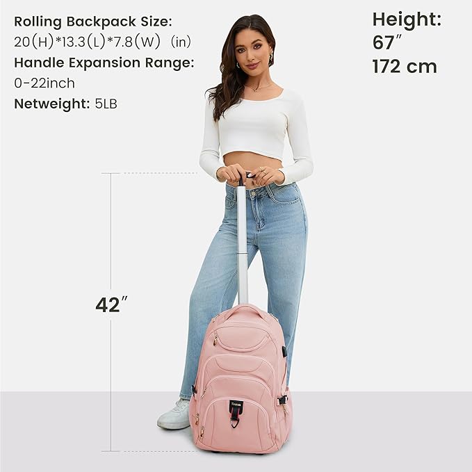 Boavan Rolling Backpack for Women, 17.3 Inch Wheeled Laptop Backpack,Large Travel Carry-On Bag for Teachers College Students, USB Charging Port Waterproof Business for Airplane Overnight Luggage，Pink