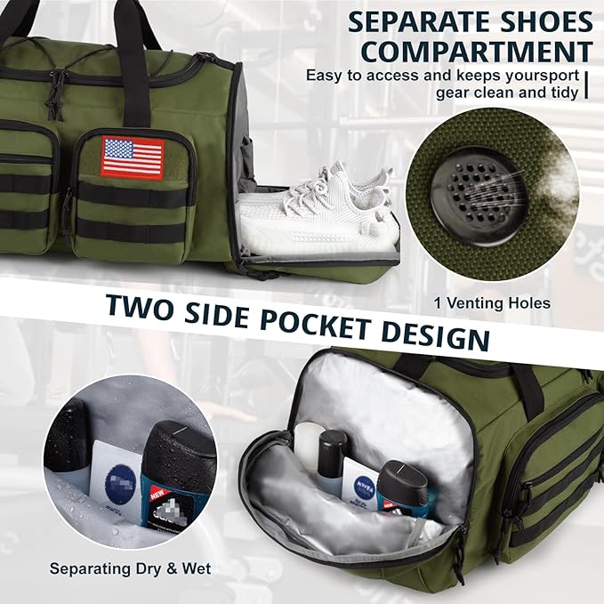 Tactical Gym Bag for Men，50L Large 3 in 1 Sports Duffle Bag with Shoes Compartment for Travel,Water Resistant Travel Backpack Weekender Overnight Bag with Wet Pocket for Women