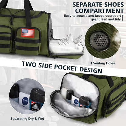 Tactical Gym Bag for Men，50L Large 3 in 1 Sports Duffle Bag with Shoes Compartment for Travel,Water Resistant Travel Backpack Weekender Overnight Bag with Wet Pocket for Women