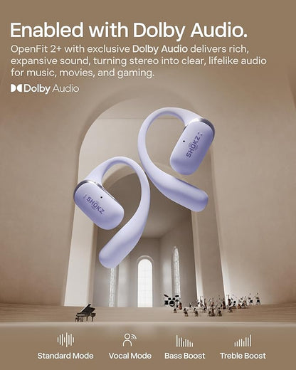 SHOKZ New OpenFit 2+ Open-Ear Headphones,Dolby Audio Enabled,Comfortable Earbuds with Soft Ear Hooks,48H Playtime,IP55 Water-Resistant,USB-C Fast Charging,Wireless Charging - Online Exclusive Purple