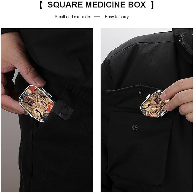 Metal 2 Compartment Pill Organizer Travel Friendly Portable Compact Pill Box Cute Pill Case,for Pocket Wallets Daily Portable Medicine Vitamin Tablet Storage (A cat Eating Noodles)