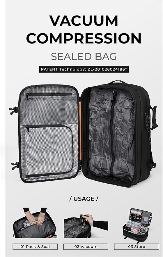AirVault Vacuum Seal Travel Backpack 60L with Expandable Vortex Air Compression Vacuum System Water Resistant TSA Lock (Vacuum Pump Included, Blue, 60L)