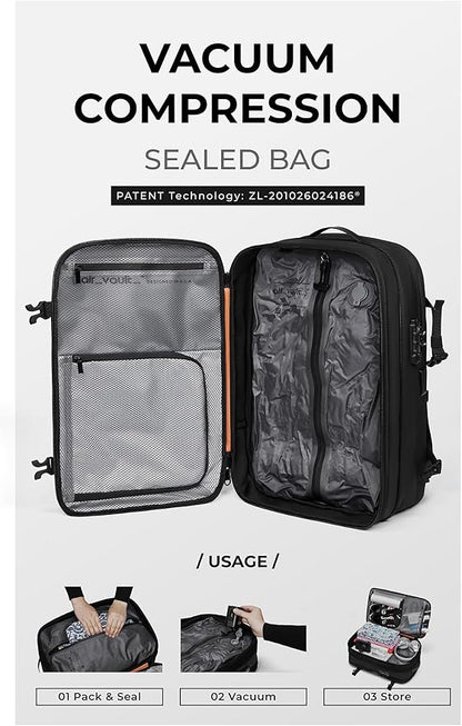 AirVault Vacuum Seal Travel Backpack 60L with Expandable Vortex Air Compression Vacuum System Water Resistant TSA Lock (Vacuum Pump Included, Black, 60L)