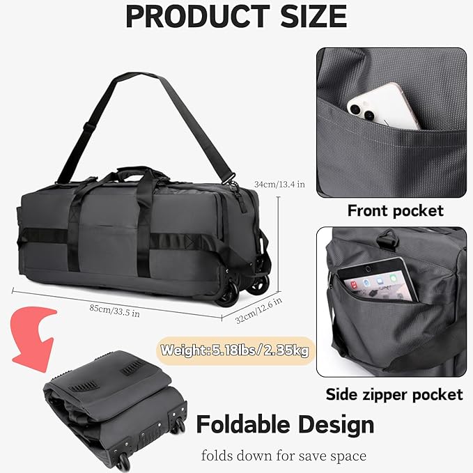 Rolling Duffle Bag with Wheels, 92L 34” Folding Duffle Backpack Soft-Sided with 2 Wheels, 6-way Carry-On Large Travel Bag Men/Women Multiple Pockets for Long Trip, Grey