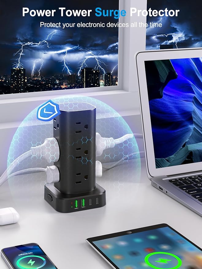 Power Strip Tower with Wireless Charger, Flat Plug Surge Protector Tower with 10FT Extension Cord, 12 AC Multiple Outlets, 4 USB (2 USB C),15W Wireless Charging Power Tower for Home Office Dorm, Black