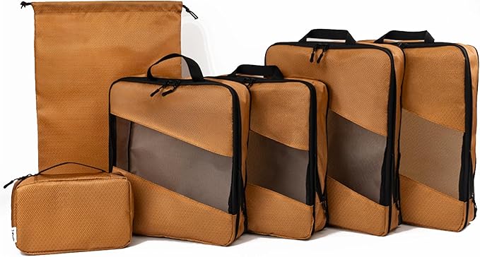 Compression Packing Cubes for Travel – 6-Pack Expandable Luggage Organizer Bags | Lightweight Storage Solution for Suitcase, Backpack & Carry-On | Travel Accessories for Men & Women (Brown & Camel)