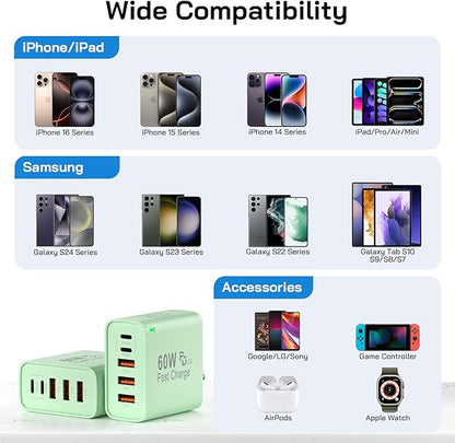 2Pack USB C Fast Charger Block, 60W 5-Port USB C Wall Charger 30W Type C Charging Block, 2USB C+3USB A PPS/PD 3.0 Multiport Charging Cube for iPhone 17 16 15 14 Pro Max,for Galaxy S25 S24 Ultra, i Pad