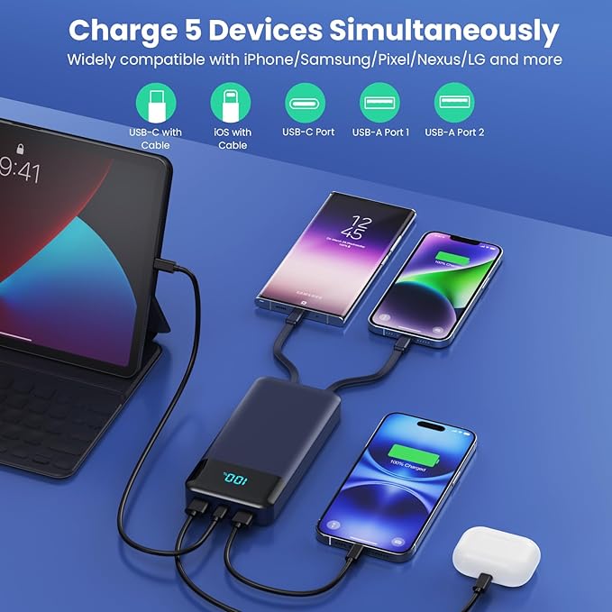 Portable Charger 40800mAh Power Bank with 3 Built-in Cable,PD 25W USB C in&Out Power Bank Fast Phone Charging,QC4.0 5 Output Travel Camping Essential Battery Pack for iPhone 17/16,Samsung Android-Navy