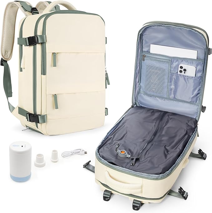 wepadre Vacuum Backpack Travel with Pump Travel Backpack with Vacuum System Easy Vac Pack Backpacks Vacpack Compression Backpacks Mochila de Viaje Compresion al Vacio Beige with green