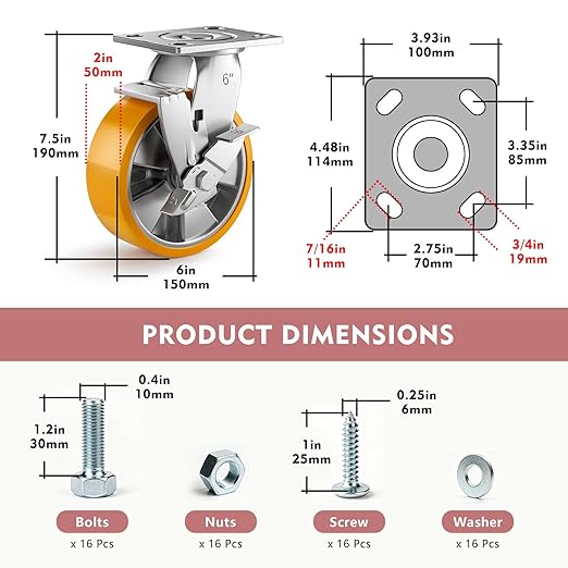 6 Inch Heavy Duty Casters Set of 4, Industrial Locking Casters 6000lbs Load Capacity, Plate Swivel Castor Wheels for Heavy Duty Carts, Workbench, Equipment, Platform Truck (Orange)