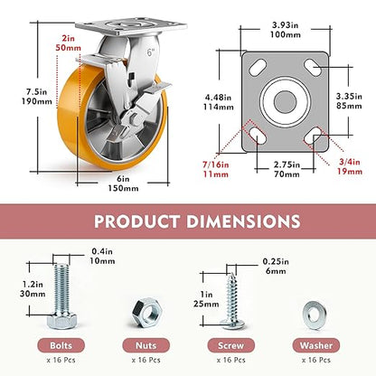 6 Inch Heavy Duty Casters Set of 4, Industrial Locking Casters 6000lbs Load Capacity, Plate Swivel Castor Wheels for Heavy Duty Carts, Workbench, Equipment, Platform Truck (Orange)