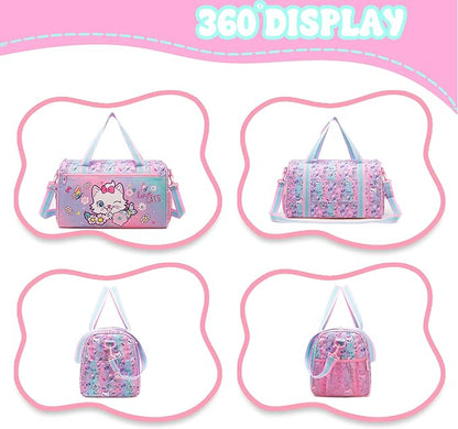 Kids Luggage Set with Wheels Girls Cute Cat Travel Softside Suitcases 16" Carry on Suitcase with Duffle Bag Girls Luggage Sets Airline Approved
