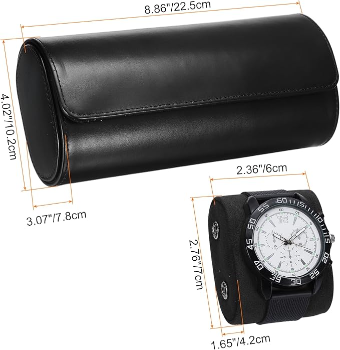 HARFINGTON Watch Roll Travel Case 3 Slot Portable Leather Watch Case for Men and Women, Watches Storage Organizer with Removable Pillows for Traveling, Display, Home Storage, Dark Black
