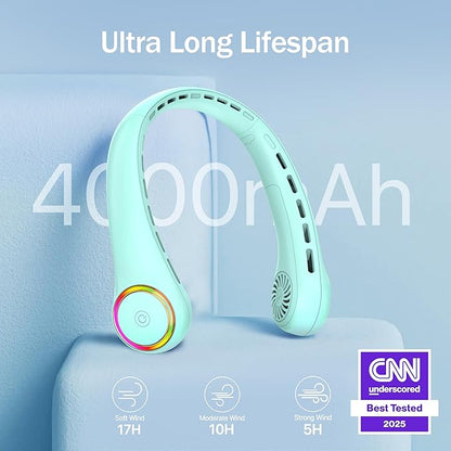 Portable Neck Fan, Personal Fan with 4000mAh Battery, Rechargeable Neck Fan with 3 Speeds and 64 Cool Lights, Birthday Gifts for Men Women Mom Dad, Hands Free Cooling fan for Summer(Green)