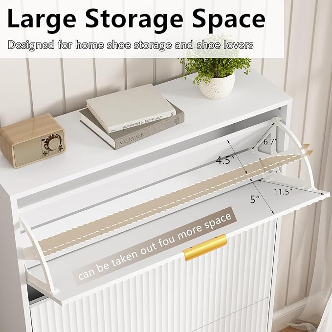 Shoe Storage Cabinet with 3 Flip Drawers, 31.5" W Fluted Shoe Cabinet for Entryway, Hidden Shoe Cabinet Storage, Narrow Free Standing Shoe Orgnaizer Rack Cabinet for Foyer Hallway, White