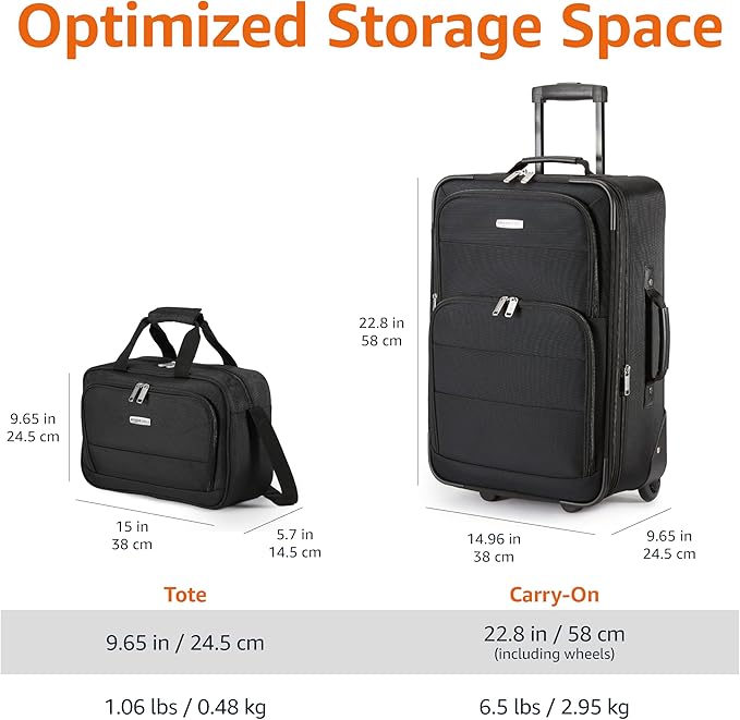 Amazon Basics Luggage Sets, Carry-On 23-Inch, tote 15-Inch, Suitcase With Wheels, Expandable Extra Space (+15%), Front Pockets and Telescopic Handle, Black