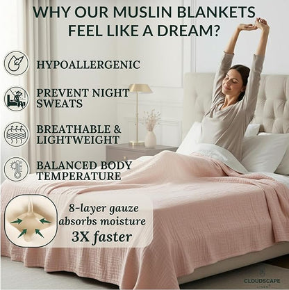 Cloud Scape Linen 8-Layer Muslin Blanket King Size for Adult - 100% Cotton, Breathable and Soft, Perfect Winter Cozy Blanket, Fits up to California King Bed, 92x108, Seashell Pink