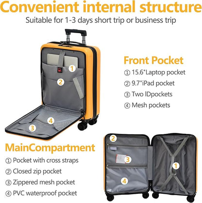 TydeCkare 20 Inch Carry On Luggage with Front Pocket, 21.65 * 15.35 * 7.87" Suitable for Airplane Overhead Bin, 34L Lightweight PC+ABS Hardshell with YKK Zipper, TSA Lock Approved, Orange
