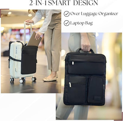 BAREFOOT CARIBOU Over Luggage Organizer for Carry On Bag or Suitcase with Storage Pockets, 16” Laptop Sleeve with Handle, Travel Accessories Bag Slide On Luggage Harness with Adjustable Straps (Black)