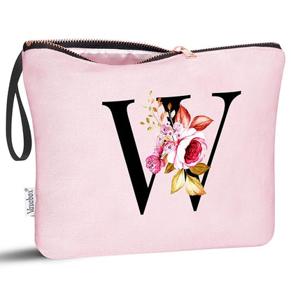 Vavabox A-Z Personalized Makeup Bag, Birthday Gifts for Women Mom, Gifts for Best Friend, Bride Bridesmaid Cosmetic bag (W, Pink)