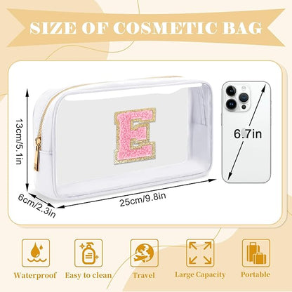 Personalized Initial Letter Clear Makeup Bag,Preppy Small Nylon&PVC Cosmetic Zipper Bag with Chenille Letter,Travel Skincare Toiletry Bag,Monogram Christmas Gift for Teen Girls Women,E