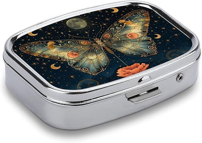 Metal 2 Compartment Pill Organizer Travel Friendly Portable Compact Pill Box Cute Pill Case to Hold Vitamins,Fish Oil,Supplements,Meds,Tablet for Purse,Pocket. (Butterflies in The Night)