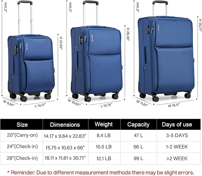 Hanke 3 Piece Luggage Sets Softside Expandable Carry On Luggage Set Travel Suitcase Sets with Spinner Wheels TSA Approved Luggage(Blue, 20in/24in/28in)