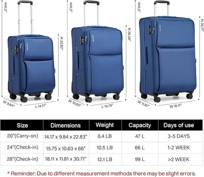 Hanke 3 Piece Luggage Sets Softside Expandable Carry On Luggage Set Travel Suitcase Sets with Spinner Wheels TSA Approved Luggage(Blue, 20in/24in/28in)