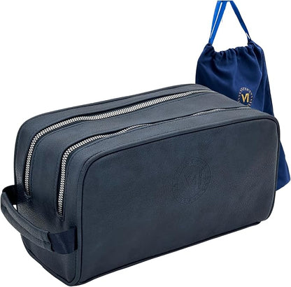 Dopp Gift Large Travel Toiletry Bag Premium Quality PU Leather Two compartments YKK Zippers Water-resistant Bottom Studs Mesh Pockets Durable Cosmetic Organizer NAVY BLUE