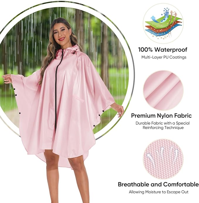 PTEROMY Hooded Rain Poncho for Adult with Pocket and Zipper, Waterproof Lightweight Raincoat for Men and Women