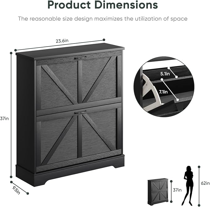 Shoe Cabinet, Shoe Storage Cabinet for Entryway with 2 Flip Drawers, Narrow Farmhouse Shoe Organizer Cabinet, Slim Shoe Rack Cabinet, 31.5in Black
