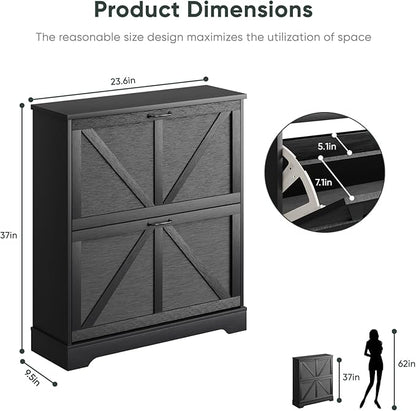 Shoe Cabinet, Shoe Storage Cabinet for Entryway with 2 Flip Drawers, Narrow Farmhouse Shoe Organizer Cabinet, Slim Shoe Rack Cabinet, 31.5in Black