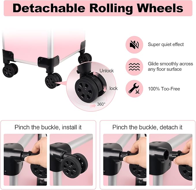 Rolling Makeup Case, Cosmetology Case on Wheels with Large Storage, Durable Design, Ideal Gift for Makeup Artists, Hairstylists, Nail Techs, Portable Beauty Organizer for Travel or Salon Use, Pink