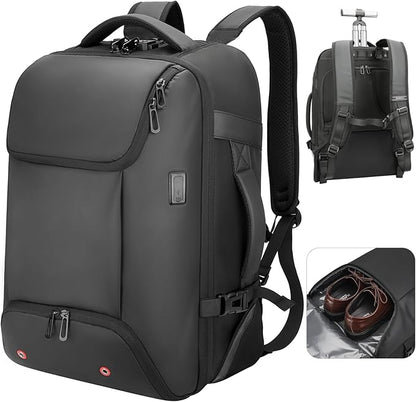 Carry On Backpack,17.3" Travel Backpack with Shoe Compartment,50L Wheeled Backpack Carry On Luggage,Laptop Compartment & USB Charging Port & TSA Approved Lock for Business,Black
