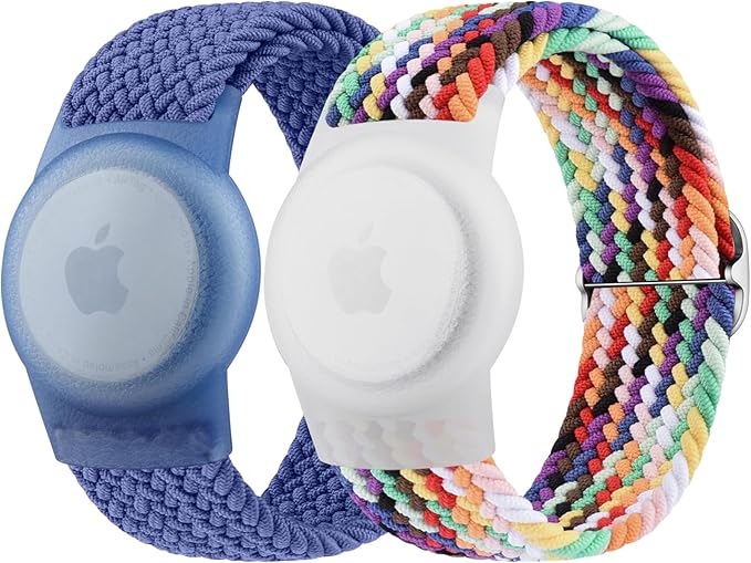 Vanjua Wristband for Apple AirTag, Protective Case Compatible with Air Tag GPS Tracker Holder with Braided Bracelet, Adjustable Anti Lost Watch Band for Toddler Child Elder (Blue+Rainbow)
