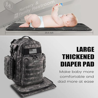 Dad Diaper Bag, Mens Diaper Bag Backpack with Diaper Changing Mat, Military Diaper Backpack with Molle Webbing, Waterproof Pouch, Baby Wipes pocket, Insulated Bottle Pockets- Black Camo