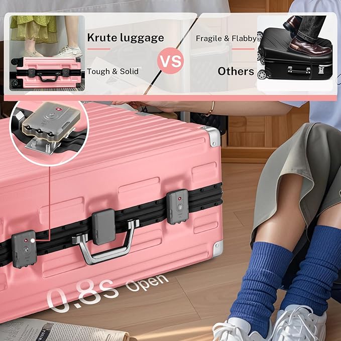 Krute Aluminum Frame Luggage 28 Inch Checked Suitcase with Spinner Wheels TSA Approved No Zipper Hard Shell Luggage PC+ABS Travel Suitcase
