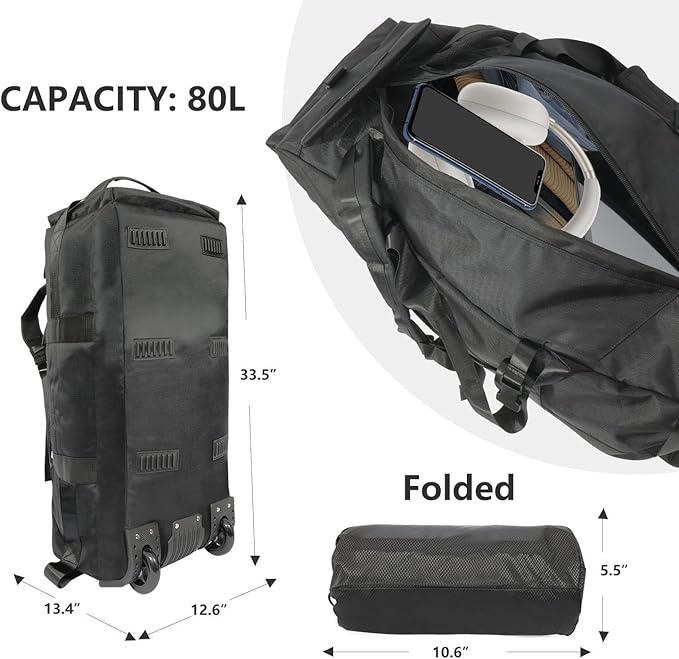 80L Rolling Duffle Bag with Wheels - Heavy-Duty 33.5" Foldable Duffel, Water-Resistant Wheeled Luggage with Shoulder Straps for Camping, Gym, Airplane (Black)