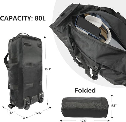 80L Rolling Duffle Bag with Wheels - Heavy-Duty 33.5" Foldable Duffel, Water-Resistant Wheeled Luggage with Shoulder Straps for Camping, Gym, Airplane (Black)