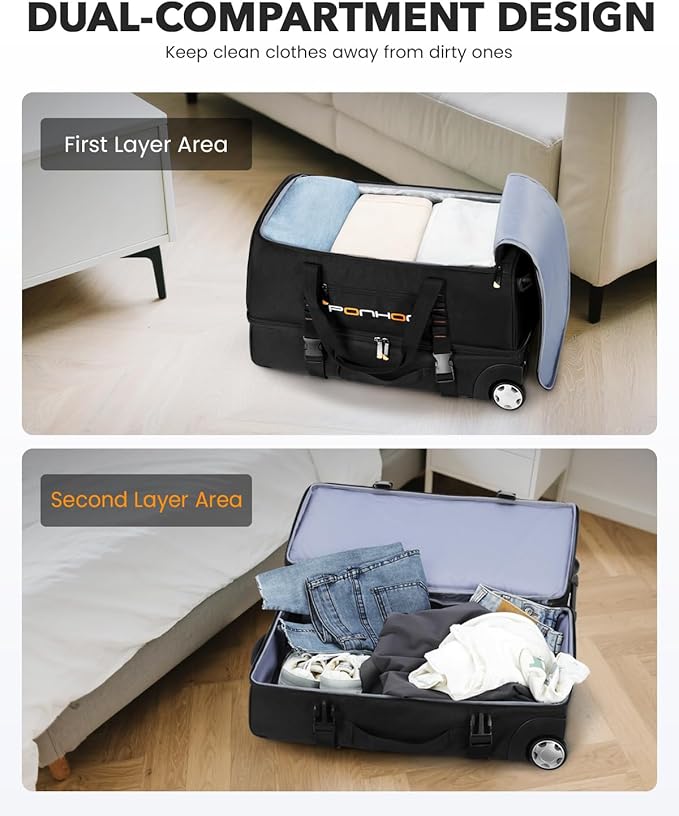 22 Inch Rolling Duffle Bag with Wheels for Men - Water Resistant Wheeled Duffle Bag for Weekend Travel & Overnight Trips, Black