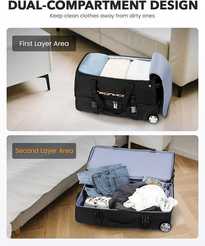 22 Inch Rolling Duffle Bag with Wheels for Men - Water Resistant Wheeled Duffle Bag for Weekend Travel & Overnight Trips, Black
