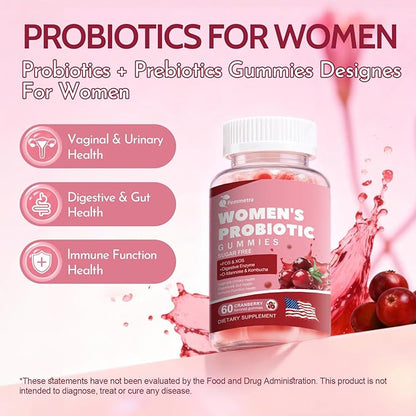 Vaginal Probiotics for Women Gummies, 200 Billion CFU Prebiotics and Probiotics Gummies for PH Balance & Urinary Health, with Kombucha, Akkermansia for Digestive Health, Cranberry Flavor, 60 Count