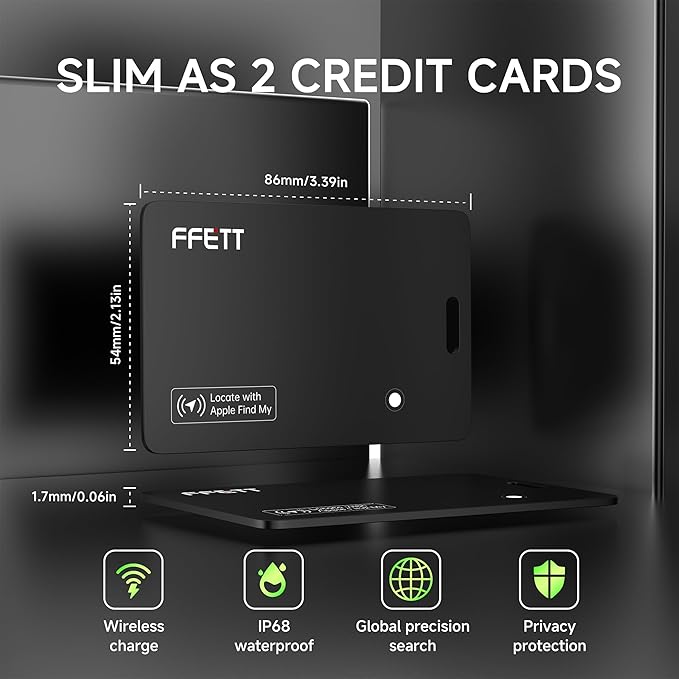 FFETT Wallet Tracker Card, 1 Pack IP68 Bluetooth GPS Smart Card Rechargeable Ultra Thin 0.07 inches Tracking Air tag Track Work by Apple Find My(iOS only) for Luggage, Passport,Wallet
